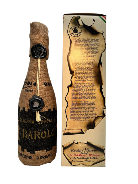 Barolo flaske pakket i lærredsindpakning og kasse