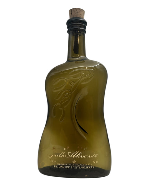 Flaske af Jule Akvavit fra De Danske Spritfabrikker med korkprop